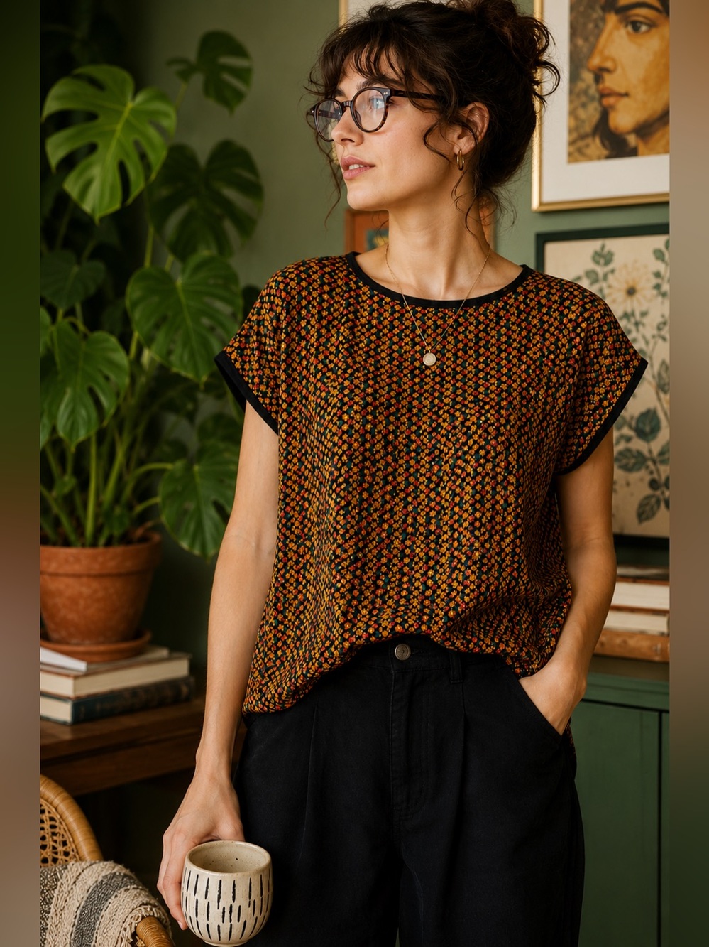 Vintage Hosanna Design Artsy Floral Mesh Feel Boxy Top Indie Retro Blouse